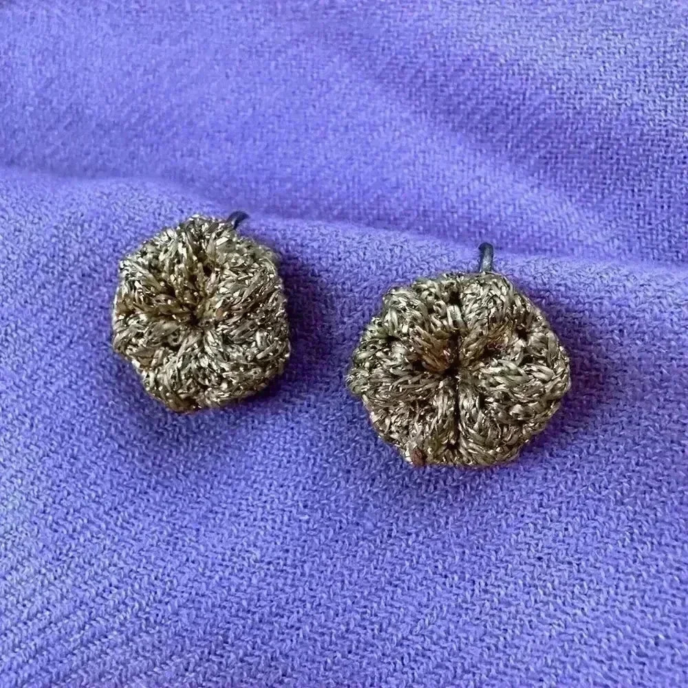 Handmade Gold Crochet Screw=On Button Earrings - Picture 2 of 2